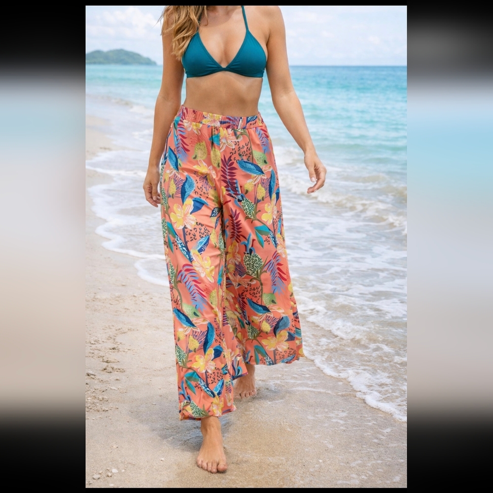 Coco Cabana Tropical‎ Wide Leg Pants Coral Floral Resort Lounge